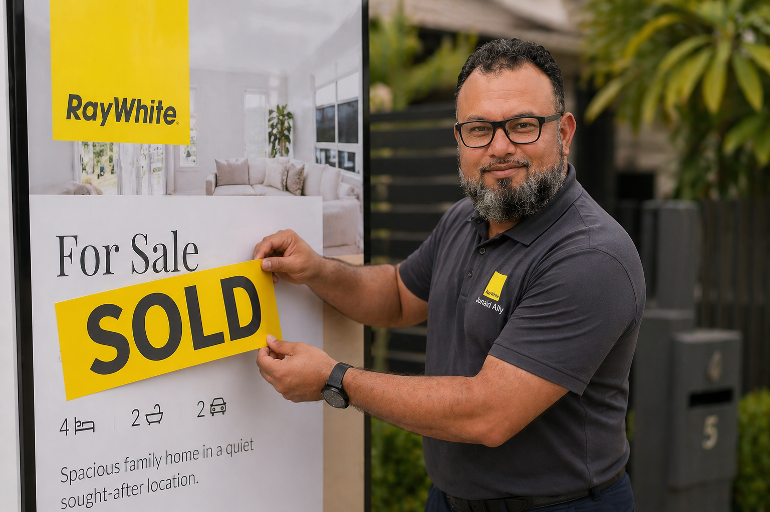Junaid Ally - Ray White Rochedale South real estate agent placing SOLD sticker on sign